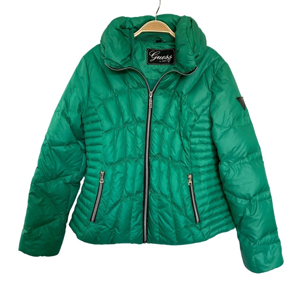 Guess Y2K Quilted Down Feather Puffer Coat Jacket Women L Kelly Green High Neck